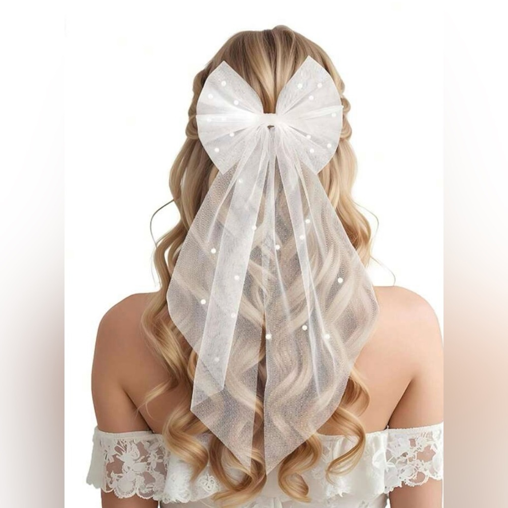 White sheer wedding bow with pearls